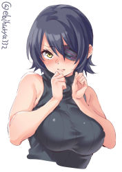 Rule 34 | 1girl, alternate costume, bare arms, blush, breast press, breasts, casual, contemporary, cropped torso, ebifurya, eyepatch, hair between eyes, unworn headgear, highres, impossible clothes, kantai collection, large breasts, lips, looking at viewer, nose blush, pink lips, purple hair, ribbed sweater, short hair, simple background, solo, striped, sweater, tenryuu (kancolle), turtleneck, turtleneck sweater, upper body, vertical stripes, white background, yellow eyes