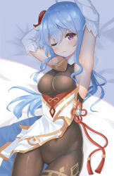 Rule 34 | 1girl, absurdres, ahoge, arm behind head, arm up, armpits, bare shoulders, bed sheet, bell, blue hair, bodystocking, breasts, cameltoe, closed mouth, covered navel, cowbell, detached sleeves, ganyu (genshin impact), genshin impact, goat horns, hair between eyes, highres, horns, long hair, long sleeves, lying, medium breasts, on back, one eye closed, purple eyes, sidelocks, simple background, solo, yuetsu