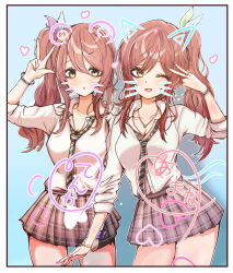 Rule 34 | 2girls, :o, ;d, absurdres, blush, bracelet, breasts, brown skirt, character name, cleavage, collarbone, commentary request, cowboy shot, diagonal-striped clothes, diagonal-striped necktie, drawn ears, drawn whiskers, fingernails, gyaru, hand up, heart, highres, idolmaster, idolmaster shiny colors, jewelry, kogal, long hair, looking at viewer, loose necktie, medium breasts, multiple girls, nail polish, necktie, one eye closed, open collar, open mouth, osaki amana, osaki tenka, plaid, plaid skirt, pleated skirt, school uniform, shirt, shubashuba, siblings, side ponytail, sidelocks, sisters, skirt, smile, striped clothes, twins, w, white shirt, yellow eyes