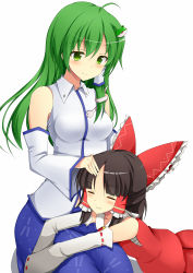 Rule 34 | 2girls, :3, = =, age difference, ahoge, bare shoulders, benikurage (cookie), blush, bow, breasts, brown hair, collared shirt, cookie (touhou), detached sleeves, frog hair ornament, green eyes, green hair, hair bow, hair ornament, hair ribbon, hair tubes, hakurei reimu, height difference, highres, kochiya sanae, large bow, long hair, medium breasts, multiple girls, paseri (cookie), headpat, ribbon, sarashi, shirt, smile, snake hair ornament, szk, touhou
