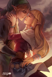 Rule 34 | 1boy, 1girl, blonde hair, blue eyes, finni chang, gloves, hat, imminent kiss, jewelry, link, long hair, low-tied long hair, nintendo, pointy ears, princess zelda, the legend of zelda, the legend of zelda: skyward sword