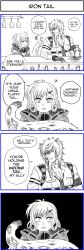 Rule 34 | 1boy, 1girl, 4koma, animal ears, arknights, bar (place), bottle, comic, doctor (arknights), english text, female doctor (arknights), gloves, hair between eyes, highres, jacket, leopard boy, leopard ears, long sleeves, monochrome, o o, recurring image, sarasenia92, shirt, silverash (arknights), tail, vertical comic