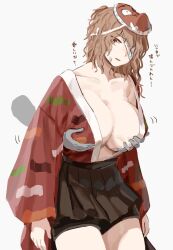 Rule 34 | 1girl, ametsukana yago, bandage over one eye, black hakama, black shorts, breasts, brown eyes, brown hair, commentary request, cowboy shot, disembodied hand, genderswap, genderswap (otf), groping, hakama, hakama short skirt, hakama skirt, hemo (hemoroda), highres, huge breasts, japanese clothes, kimono, len&#039;en, long hair, long sleeves, mask, mask on head, open clothes, open kimono, open mouth, red kimono, shorts, simple background, skirt, solo focus, sweat, translation request, white background