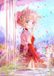 Rule 34 | 1girl, ahoge, animal ears, bare back, bare shoulders, blonde hair, blue eyes, blush, cat ears, china dress, chinese clothes, closed mouth, day, detached sleeves, dress, flower, from side, hair flower, hair ornament, highres, light smile, looking at viewer, looking back, original, outdoors, peas (peas0125), petals, pink flower, red dress, smile, solo, swept bangs, wading, water, waterfall