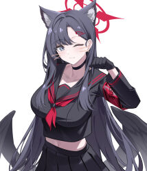 Rule 34 | 1girl, absurdres, animal ear fluff, animal ears, black choker, black gloves, black hair, black serafuku, black shirt, black skirt, black wings, blue archive, breasts, cat ears, choker, clenched hand, closed mouth, collarbone, commentary, cropped shirt, elinnasky, extra ears, feathered wings, gloves, grey eyes, hair ornament, hairclip, halo, hand up, highres, ichika (blue archive), kemonomimi mode, large breasts, long hair, low wings, midriff, navel, neckerchief, one eye closed, parted bangs, paw pose, pleated skirt, red halo, red neckerchief, school uniform, serafuku, shirt, simple background, skirt, smile, solo, upper body, white background, wings
