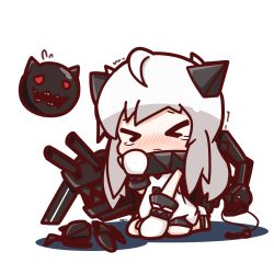 Rule 34 | &gt; &lt;, 10s, 1girl, abyssal ship, ahoge, chibi, damaged, closed eyes, gloves, highres, horns, kantai collection, long hair, monster, northern ocean princess, nuu (nu-nyu), open mouth, pale skin, red eyes, solo, tears, trembling, turret, wavy mouth, white hair