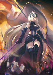 Rule 34 | 1girl, absurdres, ahoge, armor, armored boots, armored dress, banner, black dress, black footwear, blurry, blurry foreground, boots, breasts, chain, dress, fate/grand order, fate (series), faulds, floating hair, fur boots, gauntlets, hair between eyes, headpiece, highres, holding, holding sword, holding weapon, jeanne d&#039;arc (fate), jeanne d&#039;arc alter (avenger) (fate), jeanne d&#039;arc alter (avenger) (third ascension) (fate), jeanne d&#039;arc alter (fate), long hair, looking at viewer, medium breasts, miaosu, open mouth, signature, silver hair, solo, standing, sword, thigh boots, thighhighs, very long hair, weapon, yellow eyes