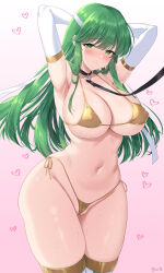 Rule 34 | 1girl, armpits, arms behind head, awayuki ramika, bikini, black collar, blush, boots, breasts, cleavage, cleft of venus, collar, covered erect nipples, elbow gloves, fire emblem, fire emblem: mystery of the emblem, gloves, gold bikini, gradient background, green eyes, green hair, heart, heart-shaped pupils, highleg, highleg bikini, highres, large breasts, leash, light smile, long hair, looking at viewer, micro bikini, navel, nintendo, palla (fire emblem), partially visible vulva, pink background, side-tie bikini bottom, sideboob, solo, standing, string bikini, sweat, swimsuit, symbol-shaped pupils, thigh boots, thighs, underboob, white gloves, wide hips