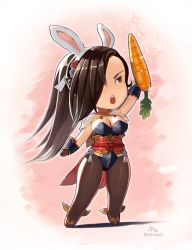 Rule 34 | 1girl, animal ears, arm up, breasts, brown eyes, carrot, chibi, cleavage, fake animal ears, fire emblem, fire emblem fates, fire emblem heroes, gloves, hair over one eye, kagero (fire emblem), kagero (spring) (fire emblem), leotard, looking up, nintendo, ochrejelly, official alternate costume, open mouth, pantyhose, playboy bunny, rabbit ears, serious, simple background, solo, thigh gap
