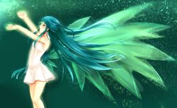 Rule 34 | 1girl, arms up, breasts, dress, floating hair, from side, green background, green hair, half-closed eyes, highres, long hair, outstretched arms, saya (saya no uta), saya no uta, short dress, sleeveless, sleeveless dress, small breasts, solo, standing, sundress, uzuki kouta, very long hair, white dress