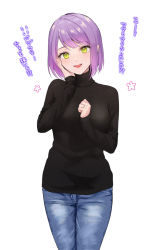 Rule 34 | 1girl, black sweater, cowboy shot, denim, green eyes, hand on own cheek, hand on own face, highres, hololive, imo norio, jeans, jewelry, looking at viewer, mature female, pants, pink hair, pointy ears, purple hair, ring, short hair, simple background, sleeves past wrists, solo, sweater, tokoyami towa, translation request, turtleneck, turtleneck sweater, virtual youtuber, wedding band, white background
