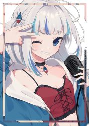 Rule 34 | 1girl, absurdres, alternate costume, blue eyes, blue hair, blue nails, character name, choker, commentary, gawr gura, grin, highres, hinakano h, hololive, hololive english, looking at viewer, microphone, multicolored hair, nail polish, one eye closed, open mouth, romaji text, sharp teeth, silver hair, smile, solo, streaked hair, teeth, two-tone hair, two side up, v, virtual youtuber