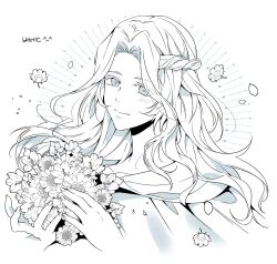 Rule 34 | 1girl, absurdres, blue eyes, braid, capelet, collarbone, cropped torso, eyes visible through hair, falling petals, final fantasy, final fantasy xiv, flower, from side, half updo, highres, holding, holding flower, hood, hood down, hooded capelet, long hair, looking at viewer, monochrome, petals, portrait, rocher033, simple background, single braid, smile, solo, venat (ff14), wavy hair, white background