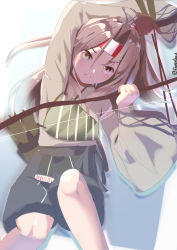 Rule 34 | 1girl, arrow (projectile), bow (weapon), brown eyes, brown gloves, brown hair, gloves, hachimaki, headband, high ponytail, highres, holding, holding arrow, holding bow (weapon), holding weapon, japanese clothes, kantai collection, long hair, looking at viewer, metadio, muneate, one-hour drawing challenge, partially fingerless gloves, partly fingerless gloves, quiver, solo, twitter username, weapon, yugake, zuihou (kancolle), zuihou kai (kancolle)