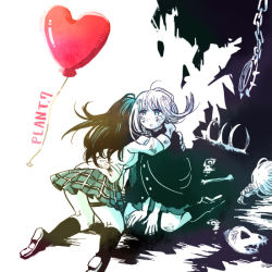 Rule 34 | 2girls, back, balloon, black hair, blue eyes, bone, boots, braid, chain, coat, collar, coppelion, crying, crying with eyes open, english text, female focus, heart balloon, hug, ikarimame, itami setsuna, kneehighs, kneeling, long hair, looking up, miniskirt, multiple girls, naruse ibara, pale skin, partially colored, plaid, plaid skirt, pleated skirt, shirt, skirt, socks, spiked collar, spikes, spoilers, tears, text focus, torn clothes, torn coat, white background, white shirt