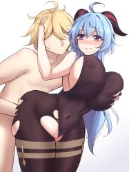 Rule 34 | 1boy, 1girl, absurdres, aether (genshin impact), ahoge, ass grab, blue hair, bodysuit, grabbing another&#039;s breast, breasts, clothed female nude male, covered navel, ganyu (genshin impact), genshin impact, grabbing, highres, horns, implied sex, large breasts, long hair, mistynight, navel, nipples, nude, pink eyes, sex, sex from behind, simple background, smile, standing, standing sex, thick thighs, thighs, torn bodysuit, torn clothes, white background