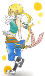 00s 1girl asanashi blonde_hair blue_eyes female_focus final_fantasy final_fantasy_ix gender_request genderswap gloves long_hair solo tail white_background zidane_tribal