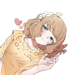 Rule 34 | 1girl, ahoge, blue eyes, blush, brown hair, child, collarbone, commentary request, dress, dutch angle, flat chest, floral print, flower, hair flower, hair ornament, half-closed eyes, hand up, heart, highres, idolmaster, idolmaster million live!, long sleeves, looking at viewer, lying, meeeeeeco359, pov, short hair, sidelocks, smile, solo, suou momoko, wavy hair, white background, yellow dress