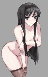 Rule 34 | 1girl, black hair, black hairband, blue eyes, blush, completely nude, cowboy shot, flat chest, grey background, hairband, hand in thighhighs, highres, jonyeld, long hair, nipples, nude, solo, thighhighs, thighs, tohno akiha, tsukihime