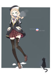 Rule 34 | 1girl, absurdres, badge, black coat, black thighhighs, blonde hair, blue scarf, braid, breath, brown footwear, buttons, cat, character name, chenilelo, coat, de ruyter (warship girls r), earbuds, earphones, emblem, english text, full body, glasses, green eyes, hands in pockets, hat, highres, loafers, long sleeves, looking at viewer, netherlands, outside border, plaid, plaid skirt, pleated skirt, pocket, red skirt, scarf, shoes, simple background, skirt, solo, text focus, thighhighs, twin braids, walking, warship girls r, zettai ryouiki