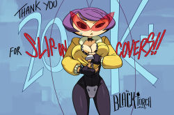 Rule 34 | 1girl, alex ahad, antennae, black torch, bodysuit, breasts, choker, cleavage, crotch plate, fallout (black torch), fingerless gloves, gloves, huge breasts, jacket, kamina shades, large breasts, purple hair, short hair, narrow waist, solo, sunglasses, sweatdrop, thank you, undersized clothes, uneven eyes, zipper, zipping
