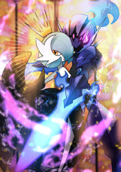 Rule 34 | 1girl, 1other, alternate color, arm blade, armor, aura, bare shoulders, black dress, black gloves, blue fire, blue hair, blurry, blurry background, blurry foreground, bob cut, ceruledge, closed mouth, clothed pokemon, colored skin, creatures (company), crown, dress, elbow gloves, expressionless, eye trail, fire, from behind, game freak, gardevoir, gen 3 pokemon, gloves, glowing, glowing eyes, hair over one eye, hand on another&#039;s chest, hand up, helmet, highres, light trail, looking at viewer, looking back, mega gardevoir, mega pokemon, nintendo, one eye covered, orange eyes, outstretched arm, pink eyes, pokemon, pokemon (creature), shiny pokemon, short hair, shoulder armor, sideways mouth, spikes, stained glass, standing, strapless, strapless dress, weapon, white skin, window, yami11, yellow background, yellow headwear