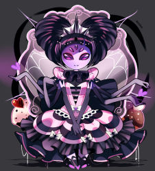 Rule 34 | 1girl, alternate costume, alternate hairstyle, artist name, black hair, bug, collar, colored skin, commentary, cupcake, dress, extra arms, extra eyes, fangs, food, frilled collar, frilled shirt collar, frills, heart, highres, icing, arthropod girl, looking at viewer, monster girl, muffet, purple eyes, purple skin, rotodisk, silk, smile, spider, spider web, tiara, undertale