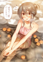 Rule 34 | ^^^, 1girl, :d, alternate hairstyle, bare arms, bare legs, bare shoulders, bathing, blush, breasts, brown eyes, brown hair, cleavage, collarbone, feet out of frame, folded ponytail, from above, haruna (kancolle), kantai collection, knees up, long hair, looking at viewer, looking up, medium breasts, mika (1020mk), naked towel, onsen, open mouth, own hands together, partially submerged, sidelocks, sitting, smile, solo, speech bubble, steam, stone, towel, translation request, twitter username, v arms, water