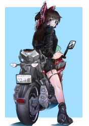 Rule 34 | 1girl, black footwear, black jacket, blue background, border, bow, brown eyes, brown hair, closed mouth, commentary request, contemporary, cookie (touhou), frilled bow, frills, full body, hair bow, hair tubes, hakurei reimu, highres, jacket, kanna (cookie), license plate, long hair, looking at another, looking at viewer, motor vehicle, motorcycle, outside border, red bow, respawn dead, shorts, simple background, smile, solo, touhou, white border