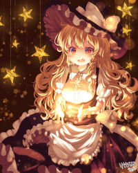 Rule 34 | 1girl, apron, arms up, black skirt, black vest, blonde hair, blurry, blush, bokeh, braid, breasts, commentary request, cowboy shot, depth of field, fang, glowing hands, grimace, hair ribbon, hat, hat ribbon, highres, kemo chiharu, kirisame marisa, light particles, long hair, looking at viewer, medium breasts, open hands, open mouth, petticoat, puffy short sleeves, puffy sleeves, ribbon, short sleeves, single braid, skirt, solo, standing, star-shaped pupils, star (symbol), symbol-shaped pupils, touhou, tress ribbon, very long hair, vest, waist apron, witch hat, yellow eyes