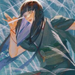 Rule 34 | 1girl, aqua kimono, between fingers, black hair, blunt bangs, blunt ends, chinese commentary, commentary request, cowboy shot, final fantasy, final fantasy xiv, floating hair, from side, green eyes, grey eyes, hand up, highres, holding, hyur, japanese clothes, kimono, liu ren yuebing, long hair, looking ahead, looking to the side, obi, obiage, obijime, open mouth, sash, smile, solo, straight hair, wheat, yotsuyu goe brutus