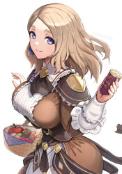 Rule 34 | 1girl, alternate hairstyle, apple, basket, blonde hair, blue eyes, breasts, brown dress, can, commentary request, cookie, dress, fire emblem, fire emblem: three houses, fire emblem warriors: three hopes, food, fruit, gonzarez, hand up, highres, holding, large breasts, long hair, looking at viewer, medium hair, mercedes von martritz, nintendo, official alternate costume, official alternate hairstyle, simple background, smile, solo, upper body, white background
