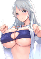 Rule 34 | 1girl, alice gear aegis, asahashi tsuyu, blue eyes, blush, breasts, cheerleader, cleavage cutout, clenched hands, closed mouth, clothing cutout, covered erect nipples, dot nose, grey hair, highres, huge breasts, kondou chieri, long hair, looking at viewer, midriff, motion lines, open clothes, open shirt, parted bangs, sidelocks, simple background, smile, solo, sweat, upper body, white background