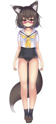 Rule 34 | 1girl, animal ear fluff, animal ears, black hair, black legwear, blush, choker, closed mouth, fox ears, fox tail, full body, highres, kutan, loafers, looking at viewer, no pants, one-piece swimsuit, original, red eyes, school swimsuit, school uniform, semi-rimless eyewear, serafuku, shoes, short hair, simple background, solo, standing, swimsuit, swimsuit under clothes, tail, white background