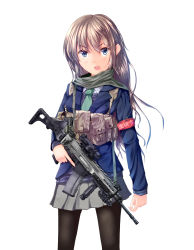 Rule 34 | 1girl, absurdres, ammunition pouch, armband, assault rifle, bad id, bad pixiv id, blazer, blue eyes, brown hair, cz-805, cz 805 bren, dreadtie, gun, highres, jacket, load bearing vest, long hair, necktie, open mouth, original, pantyhose, pouch, rifle, safety pin, scarf, school uniform, skirt, solo, student council president (dreadtie), trigger discipline, weapon