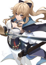 Rule 34 | 1girl, belt, blonde hair, blue capelet, blush, bow, breasts, capelet, cross, cross earrings, earrings, genshin impact, hair bow, highres, holding, holding sheath, holding sword, holding weapon, jean (genshin impact), jewelry, kito koruta, long hair, medium breasts, pants, ponytail, sheath, sidelocks, signature, simple background, smile, solo, sword, tight clothes, tight pants, weapon, white background, white pants