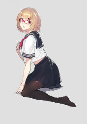 Rule 34 | 1girl, alternate costume, alternate hair length, alternate hairstyle, black sailor collar, black skirt, blonde hair, blush, brown pantyhose, character request, dress shirt, echj, full body, glasses, grey background, hair between eyes, hair ornament, hairclip, looking at viewer, looking to the side, no shoes, pantyhose, parted lips, pleated skirt, red-framed eyewear, red eyes, sailor collar, school uniform, serafuku, shadow, shirt, shirt overhang, short sleeves, sitting, skirt, solo, wariza, warship girls r, white shirt
