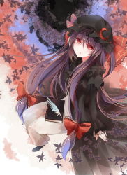 Rule 34 | 1girl, alternate color, autumn leaves, book, bow, crescent, dress, feathers, female focus, hat, long hair, looking at viewer, patchouli knowledge, purple hair, rain lan, red eyes, sitting, solo, touhou, very long hair