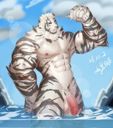 Rule 34 | 1boy, abs, animal ears, arknights, arm up, bara, biceps, completely nude, feet out of frame, flaccid, foreskin, furry, furry male, highres, large pectorals, large penis, male focus, male pubic hair, mountain (arknights), muscular, muscular male, navel, nipples, nude, onlybwg3, pectorals, penis, pubic hair, scar, scar across eye, scar on arm, scar on face, scar on leg, short hair, solo, stomach, thick thighs, thighs, tiger boy, tiger ears, uncensored, wading, white fur, white hair