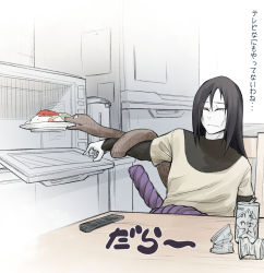 Rule 34 | 1boy, arm up, belt, black eyes, black hair, can, chair, cluseller, colored sclera, colored skin, controller, curry, drink can, fang, food, half-closed eyes, indoors, japanese text, kettle, kitchen, layered sleeves, long hair, long sleeves, male focus, microwave, mouth hold, naruto, naruto (series), open mouth, orange eyes, orochimaru (naruto), outstretched arm, plate, refrigerator, remote control, rope, shirt, short over long sleeves, short sleeves, sitting, slit pupils, snake, soda can, solo, table, translation request, upper body, white skin, yellow sclera, yellow shirt