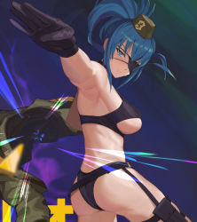 Rule 34 | armpits, ass, bare shoulders, beret, blue eyes, blue hair, breasts, clenched hand, eyepatch, godsh0t, hat, holster, jacket, leona heidern, looking at viewer, ponytail, snk heroines: tag team frenzy, sweat, sweatdrop, the king of fighters, thong, throwing, twisted torso, underboob