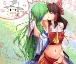 Rule 34 | 2girls, adapted costume, arm on another&#039;s shoulder, armpits, arrow (symbol), ascot, bow, grabbing another&#039;s breast, breasts, brown hair, crop top, detached sleeves, closed eyes, eyes visible through hair, fingering, grabbing, green hair, hair bow, hair ornament, hair ribbon, hair tubes, hakurei reimu, hand under clothes, hater (hatater), highres, imagining, japanese clothes, kirisame marisa, kiss, kochiya sanae, long hair, long sleeves, midriff, miko, multiple girls, navel, nipples, no bra, no panties, non-web source, profile, ribbon, small breasts, snake hair ornament, thought bubble, touhou, wide sleeves, yuri