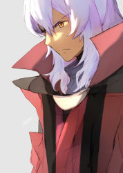 Rule 34 | 1boy, closed mouth, coat, frown, grey background, grey hair, gundam, gundam age, long hair, male focus, momoza r, red coat, sketch, solo, straight hair, yellow eyes, zeheart galette