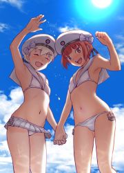 Rule 34 | 2girls, bad id, bad twitter id, bikini, bikini skirt, blue sky, brown eyes, brown hair, closed eyes, clothes writing, cloud, commentary request, cowboy shot, day, frilled bikini, frilled skirt, frills, from below, hat, holding hands, inactive account, kantai collection, looking at viewer, mu-pyon, multiple girls, sailor bikini, sailor collar, sailor hat, shade, silver hair, skirt, sky, sun, swimsuit, white bikini, white hat, z1 leberecht maass (kancolle), z3 max schultz (kancolle)