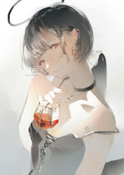 Rule 34 | 1girl, absurdres, alcohol, black choker, black dress, black hair, black halo, chinese commentary, choker, closed mouth, commentary request, cross, cross necklace, cup, dark halo, dress, drink, drinking glass, earclip, halo, highres, holding, holding drink, jewelry, light blush, looking at viewer, necklace, orange eyes, original, shirt, short hair, sleeveless, sleeveless shirt, solo, soungruan mian mao, strap slip, uppi, wings