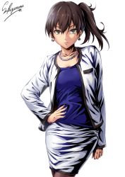 Rule 34 | 1girl, alternate costume, blouse, breast pocket, breasts, brown eyes, brown hair, closed mouth, collarbone, earrings, expressionless, fingernails, hair between eyes, hand on own hip, jacket, jewelry, kaga (kancolle), kantai collection, long hair, long sleeves, looking at viewer, medium breasts, nail polish, necklace, pantyhose, pearl necklace, pencil skirt, pocket, purple nails, purple shirt, sakiyamama, shirt, side ponytail, simple background, skirt, solo, twitter username, white background, white jacket, white skirt