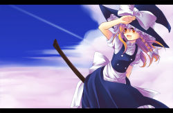 Rule 34 | 1girl, apron, blonde hair, blue sky, bow, braid, broom, cloud, contrail, day, female focus, frills, hat, kirisame marisa, letterboxed, long hair, single braid, skirt, sky, solo, touhou, witch hat, yellow eyes