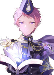 Rule 34 | 1boy, absurdres, ascot, blue hat, book, buttons, closed mouth, commentary request, ensemble stars!, epaulettes, gloves, hat, highres, holding, holding book, itsuki shu, long sleeves, male focus, official alternate costume, open book, pink hair, purple eyes, short hair, simple background, single epaulette, solo, upper body, wednesday 108, white background, white gloves