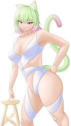 Rule 34 | 1girl, :3, absurdres, animal ear fluff, animal ears, armpits, bikini, breasts, cat ears, cat girl, cat tail, cleavage, fluffy, gradient hair, green hair, hair between eyes, highres, large breasts, looking at viewer, medium breasts, multicolored hair, original, pink eyes, stool, swimsuit, tail, takie arts, thick thighs, thighs, two-tone hair, white background, white bikini