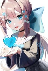 Rule 34 | 1girl, :d, ahute, bad id, bad pixiv id, blue eyes, blush, bow, brown hair, choker, cross-laced clothes, cross-laced sleeves, glowing heart, hair bow, hair intakes, hair ornament, hairclip, heart, heart hair ornament, highres, holding, holding heart, lace trim, large bow, long hair, long sleeves, looking to the side, nail polish, open mouth, original, ponytail, school uniform, serafuku, smile, solo, very long hair